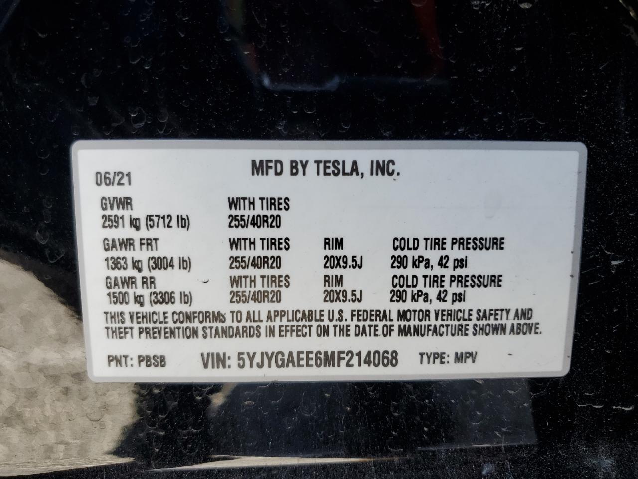 2021 Tesla Model Y VIN: 5YJYGAEE6MF214068 Lot: 92061825