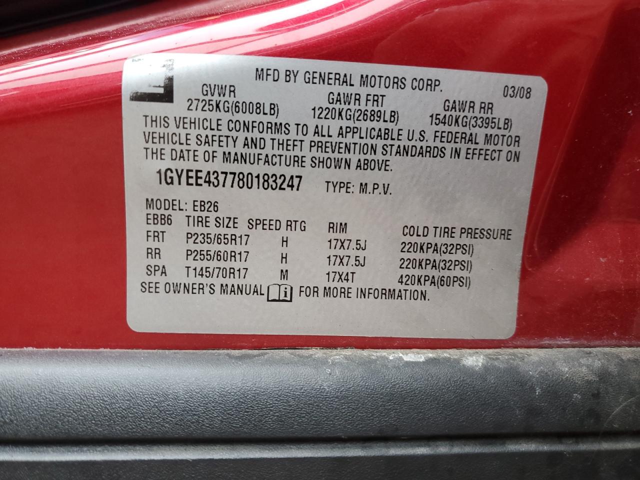 2008 Cadillac Srx VIN: 1GYEE437780183247 Lot: 93519055