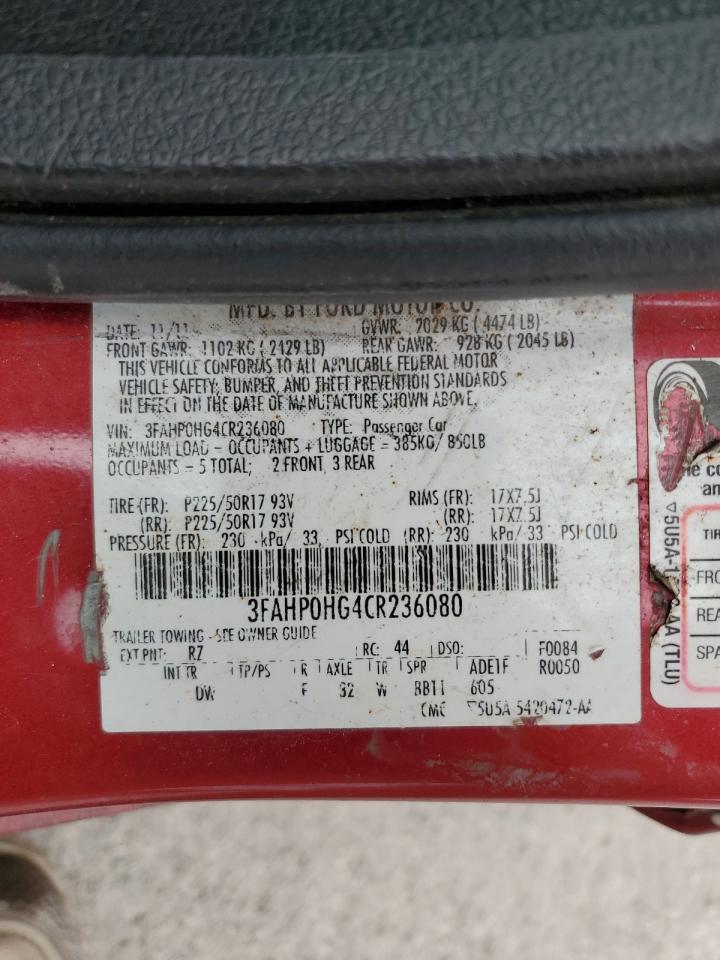 2012 Ford Fusion Se VIN: 3FAHP0HG4CR236080 Lot: 91087765