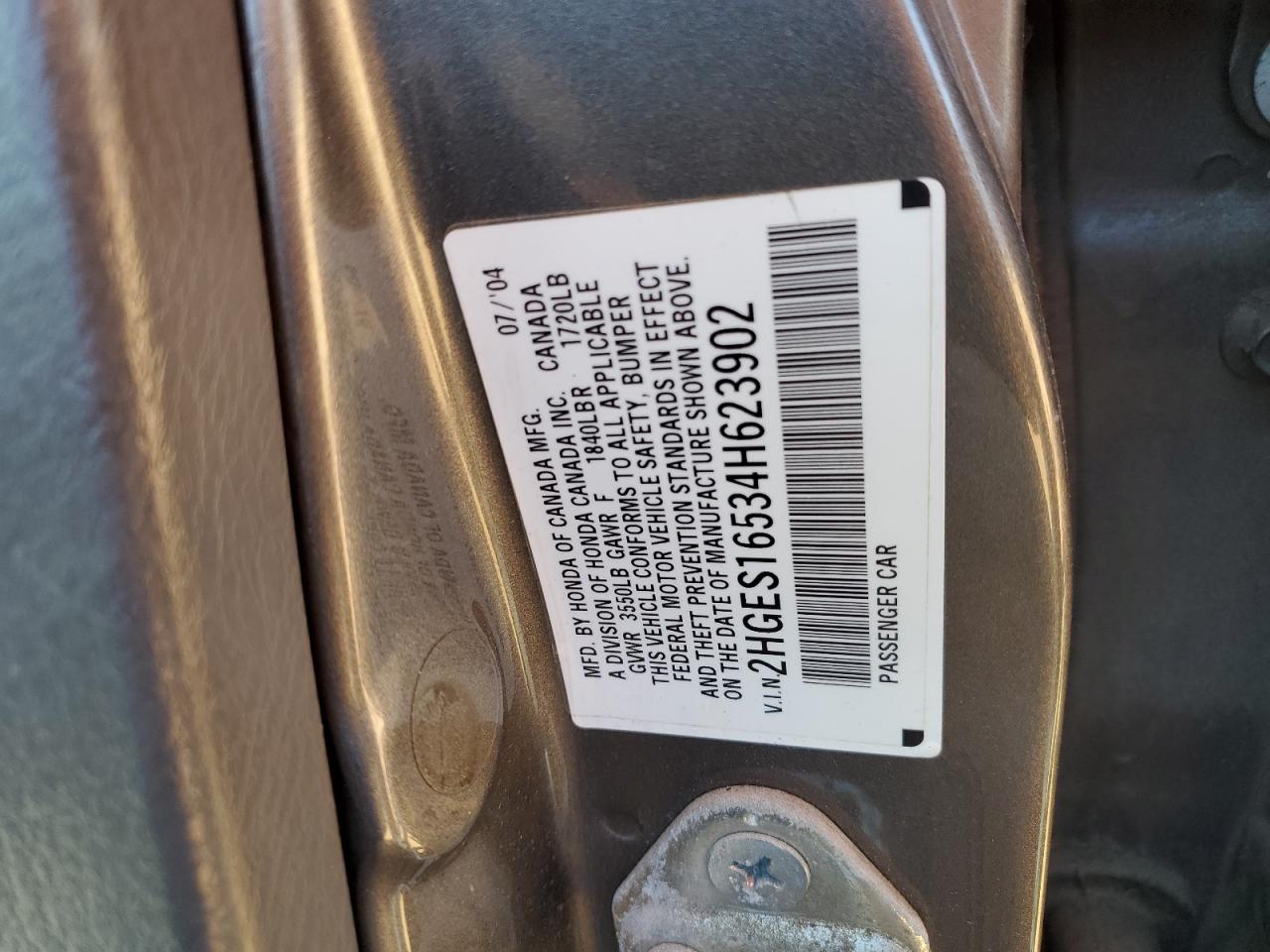 2004 Honda Civic Lx VIN: 2HGES16534H623902 Lot: 91212085