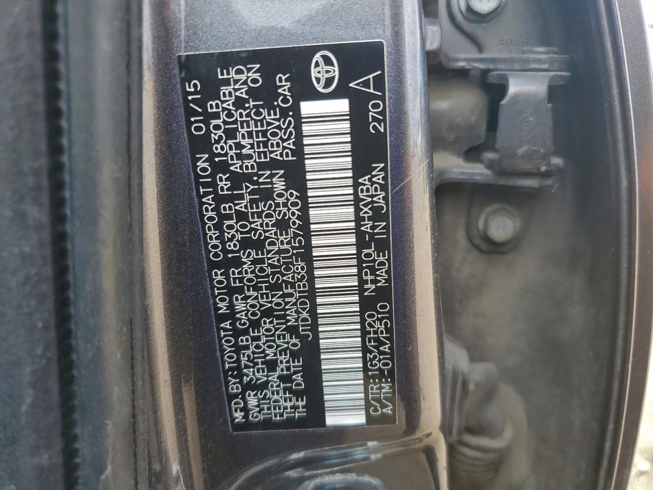 2015 Toyota Prius C VIN: JTDKDTB38F1579909 Lot: 94364685