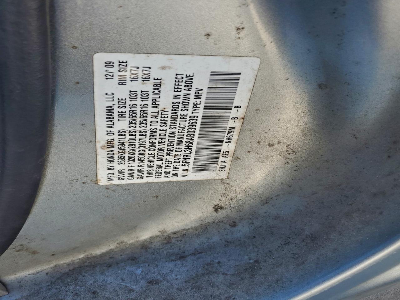 2010 Honda Odyssey Exl VIN: 5FNRL3H68AB039639 Lot: 93925225