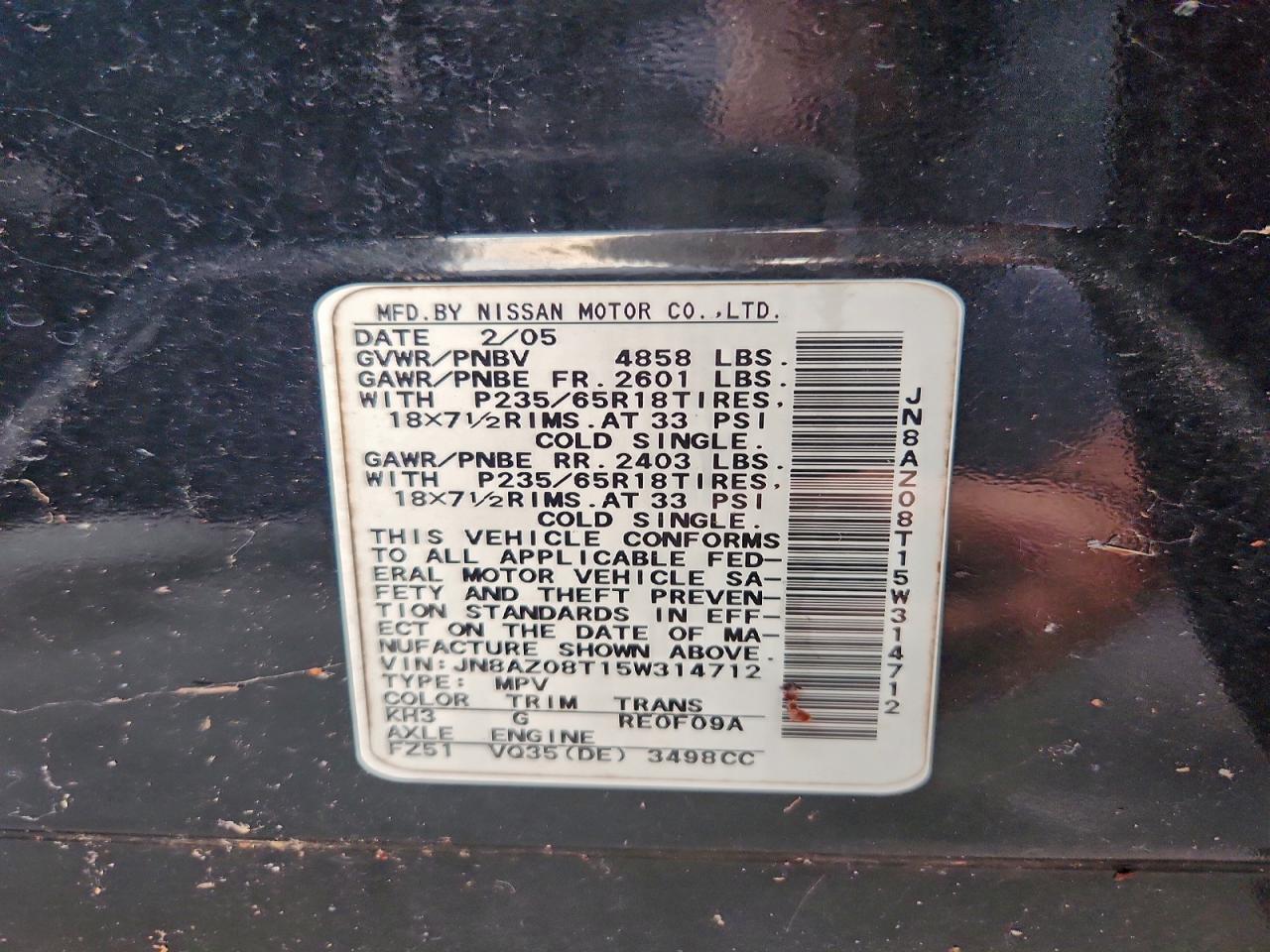 2005 Nissan Murano Sl VIN: JN8AZ08T15W314712 Lot: 94212825