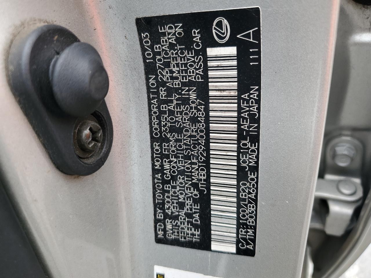 2004 Lexus Is 300 VIN: JTHBD192940084847 Lot: 91134605