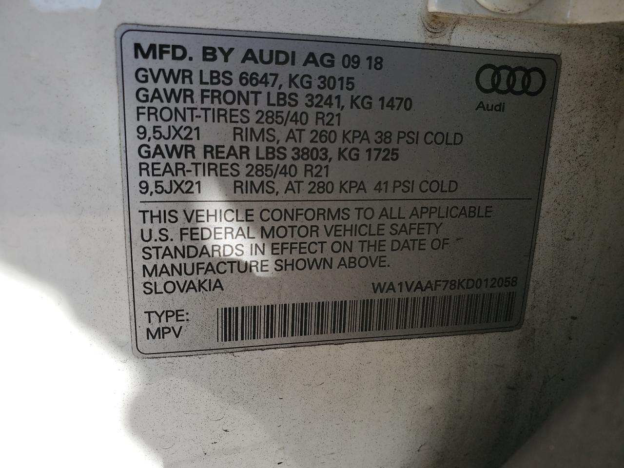 2019 Audi Q7 Prestige VIN: WA1VAAF78KD012058 Lot: 92879395