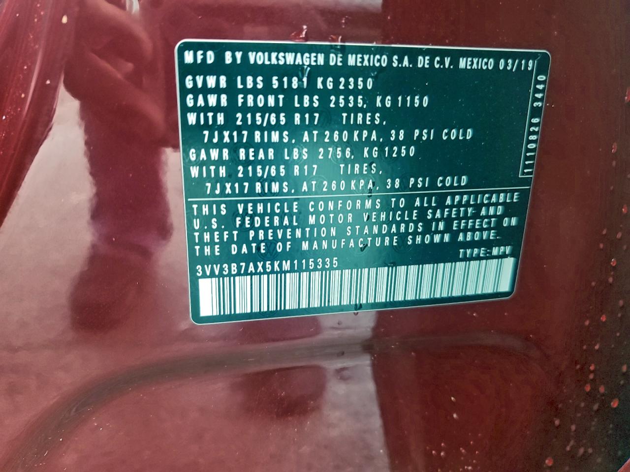 2019 Volkswagen Tiguan Se VIN: 3VV3B7AX5KM115335 Lot: 94149935