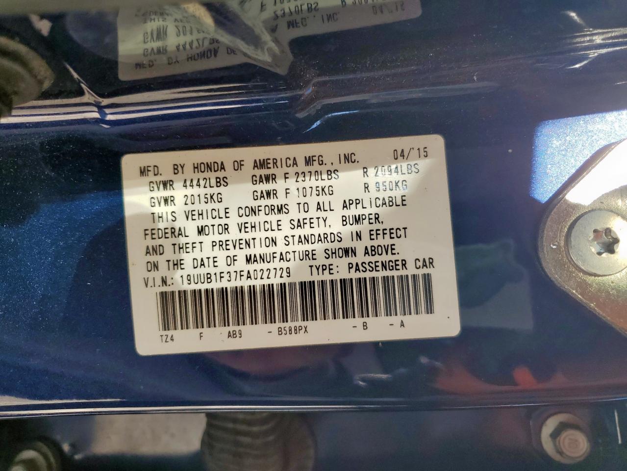 2015 Acura Tlx VIN: 19UUB1F37FA022729 Lot: 92496095