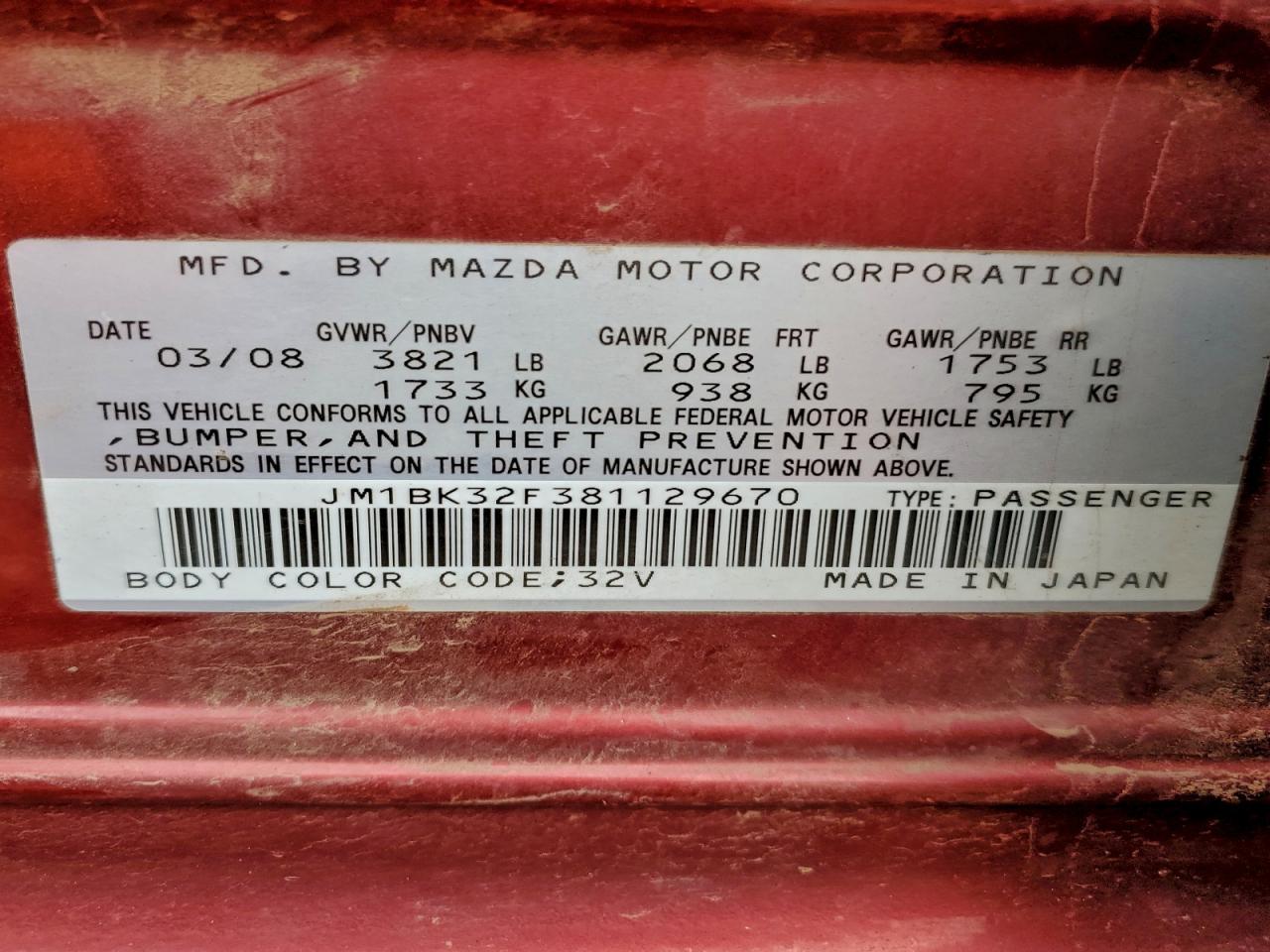 2008 Mazda 3 I VIN: JM1BK32F381129670 Lot: 93139615