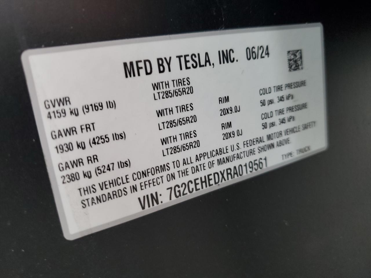 2024 Tesla Cybertruck VIN: 7G2CEHEDXRA019561 Lot: 91157085