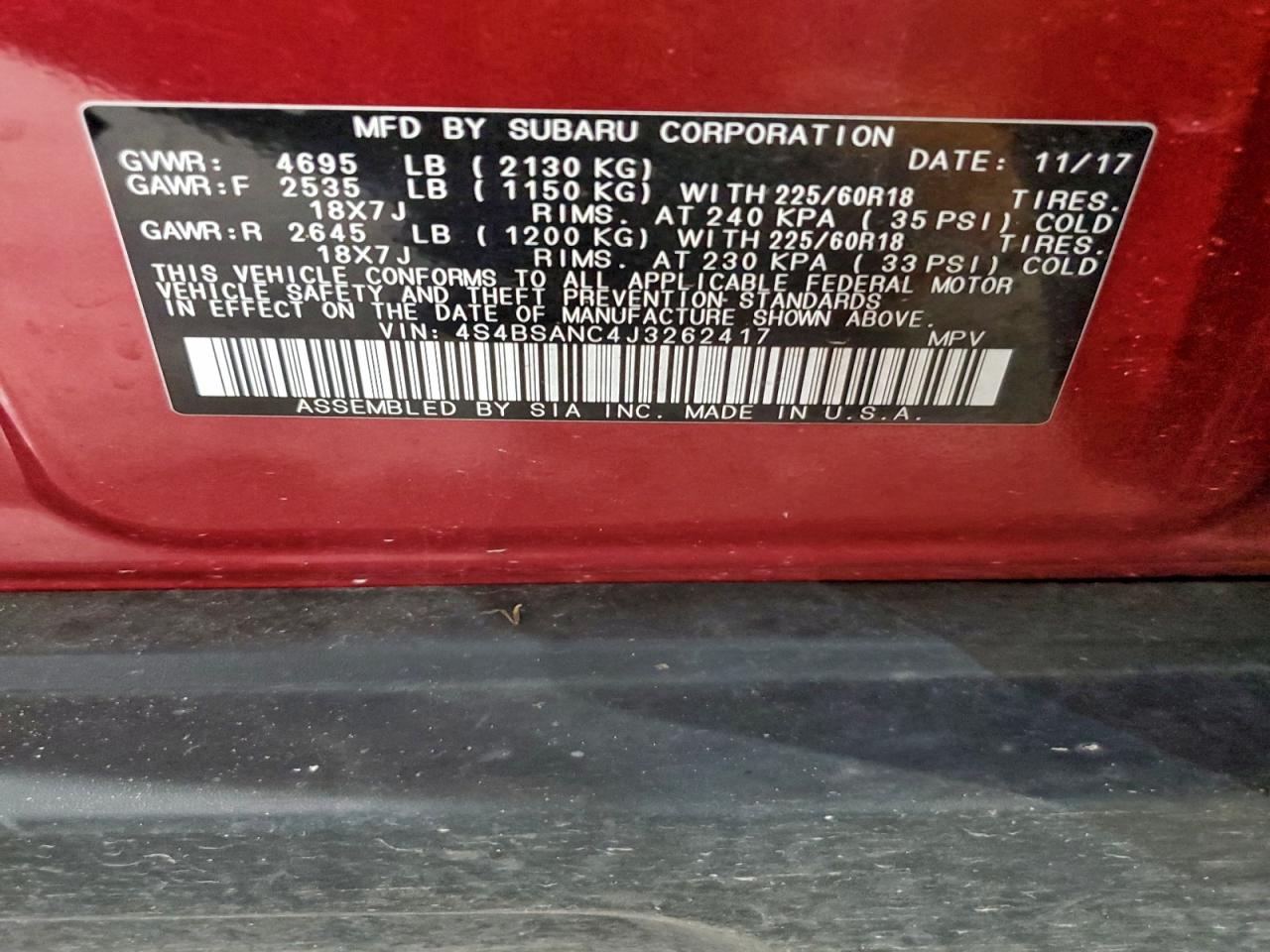 2018 Subaru Outback 2.5I Limited VIN: 4S4BSANC4J3262417 Lot: 94547315