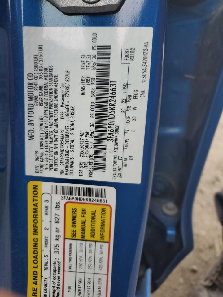 2019 Ford Fusion Se VIN: 3FA6P0HD5KR246631 Lot: 93208935