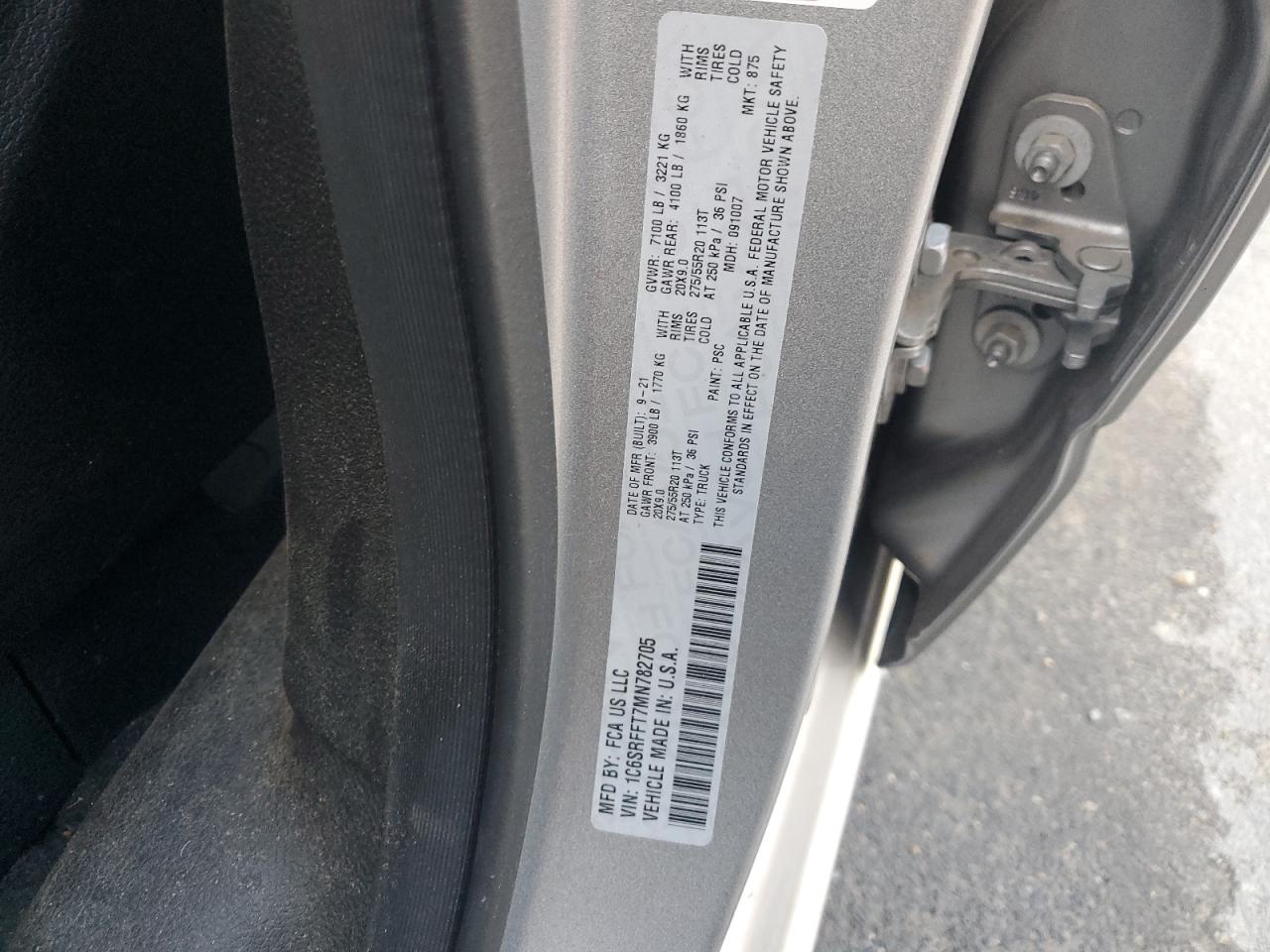 2021 Ram 1500 Big Horn/Lone Star VIN: 1C6SRFFT7MN782705 Lot: 92097365