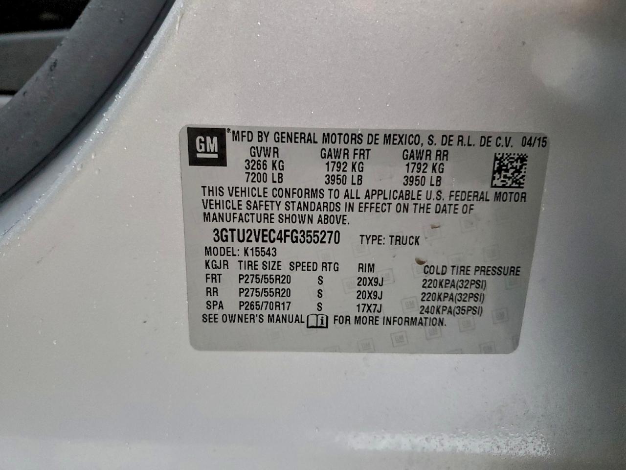 2015 GMC Sierra K1500 Slt VIN: 3GTU2VEC4FG355270 Lot: 93940335