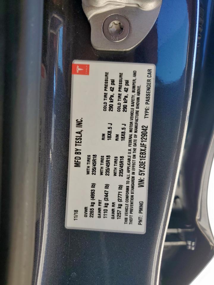 2018 Tesla Model 3 VIN: 5YJ3E1EBXJF129042 Lot: 91327865