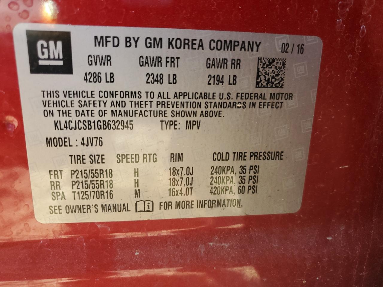 2016 Buick Encore VIN: KL4CJCSB1GB632945 Lot: 91585125