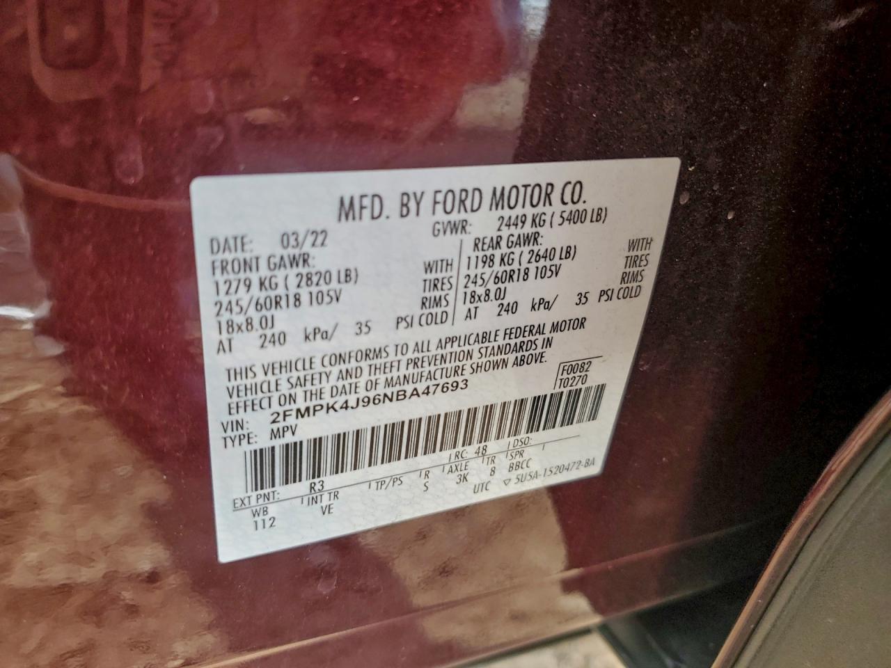 2022 Ford Edge Sel VIN: 2FMPK4J96NBA47693 Lot: 94131815