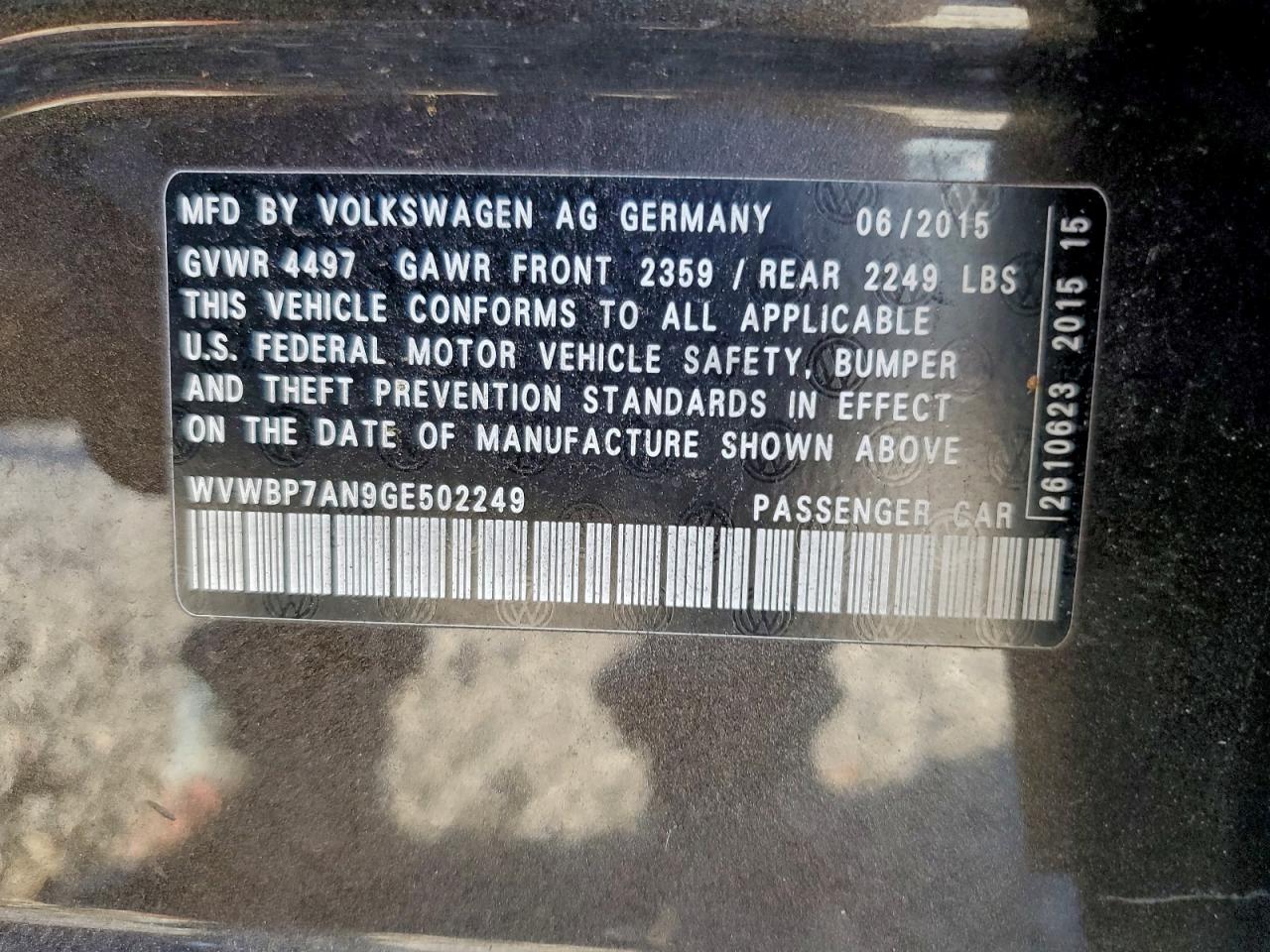 2016 Volkswagen Cc Base VIN: WVWBP7AN9GE502249 Lot: 94300225
