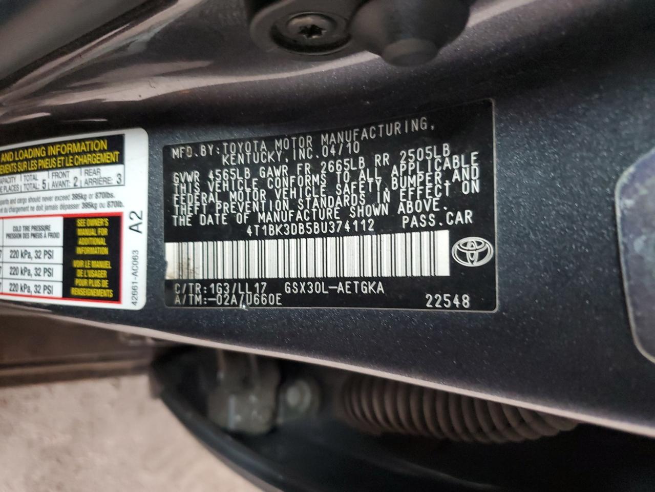 2011 Toyota Avalon Base VIN: 4T1BK3DB5BU374112 Lot: 90737955