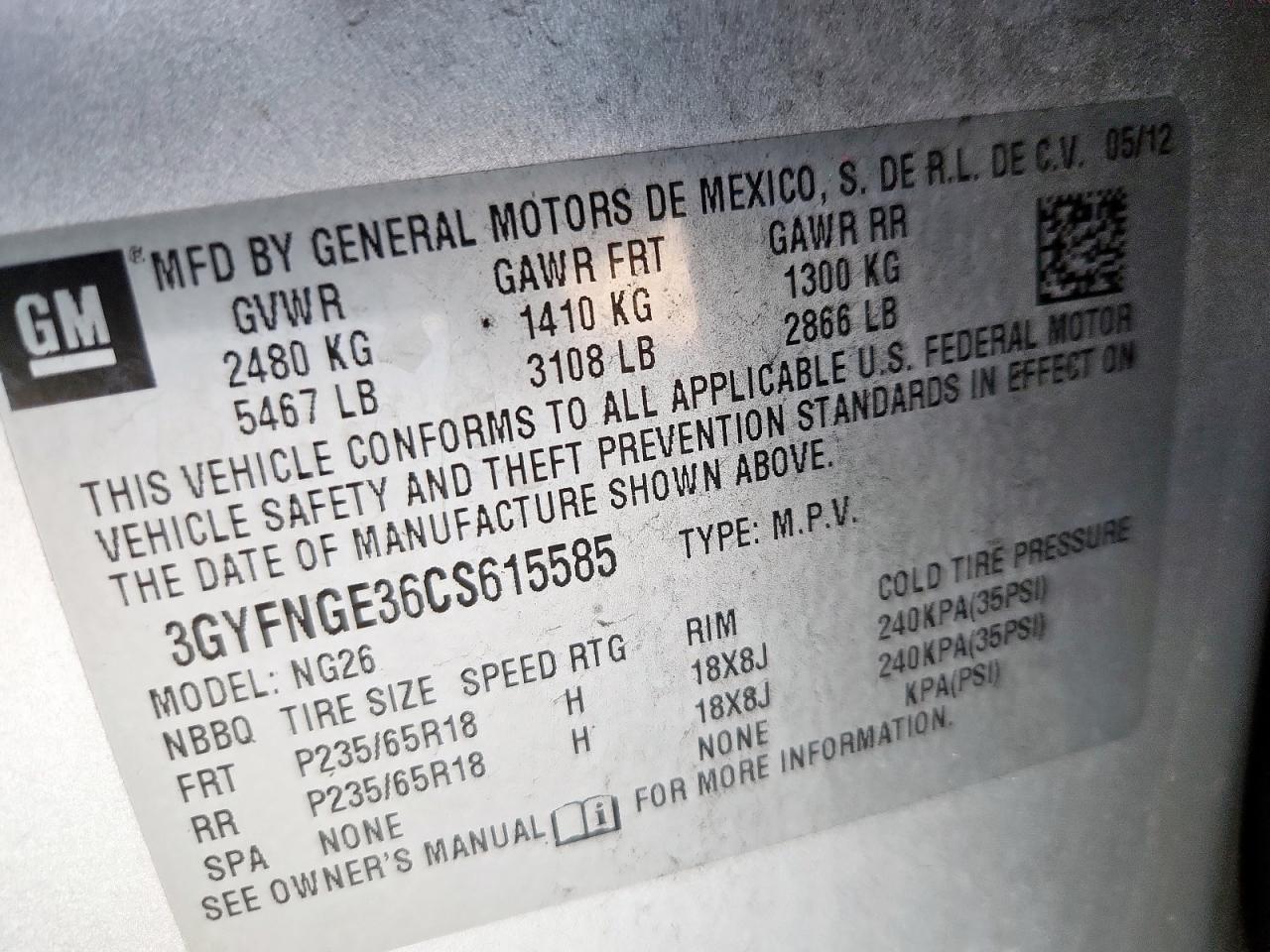 2012 Cadillac Srx VIN: 3GYFNGE36CS615585 Lot: 91401975