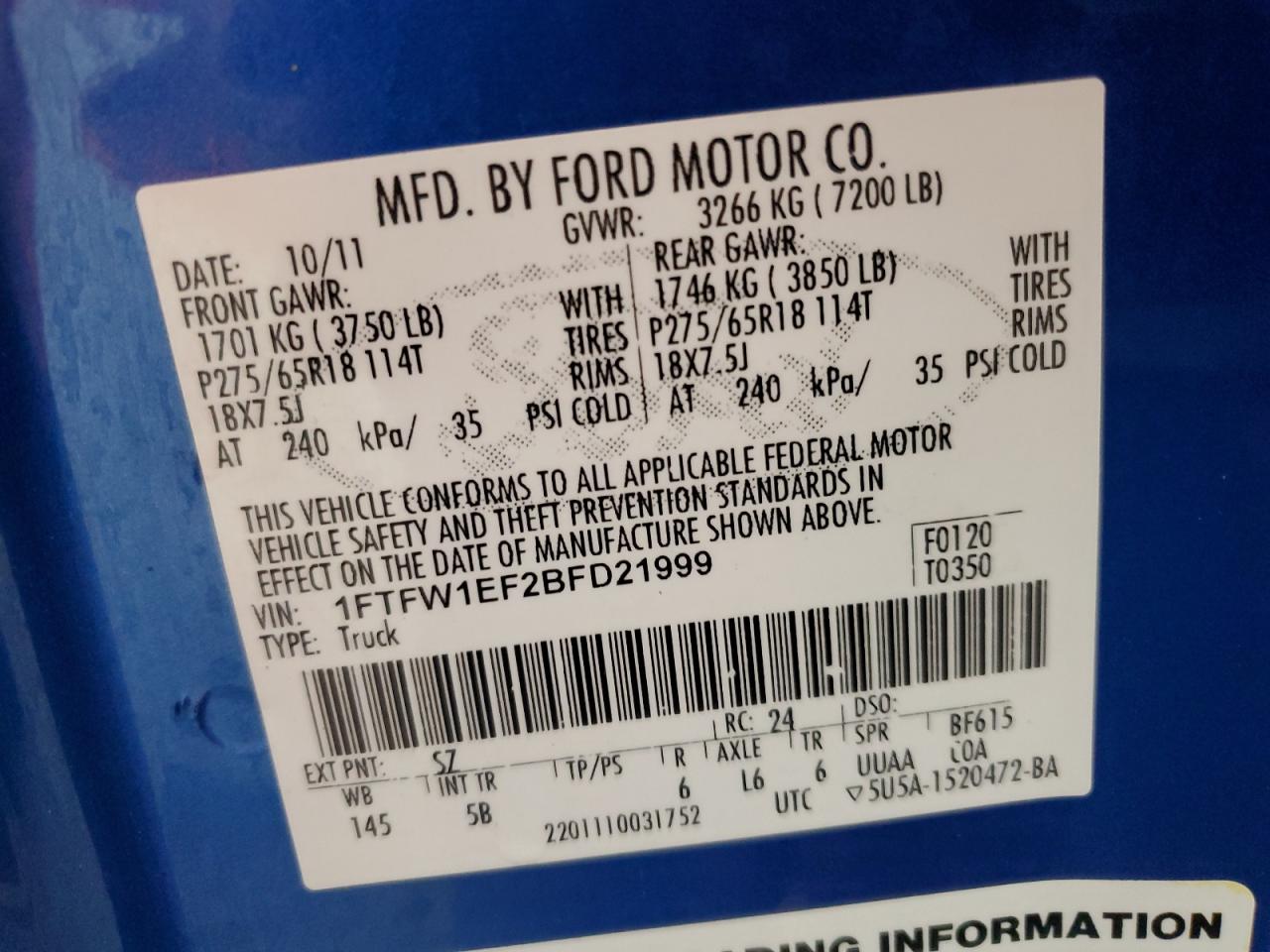 2011 Ford F150 Supercrew VIN: 1FTFW1EF2BFD21999 Lot: 91111535