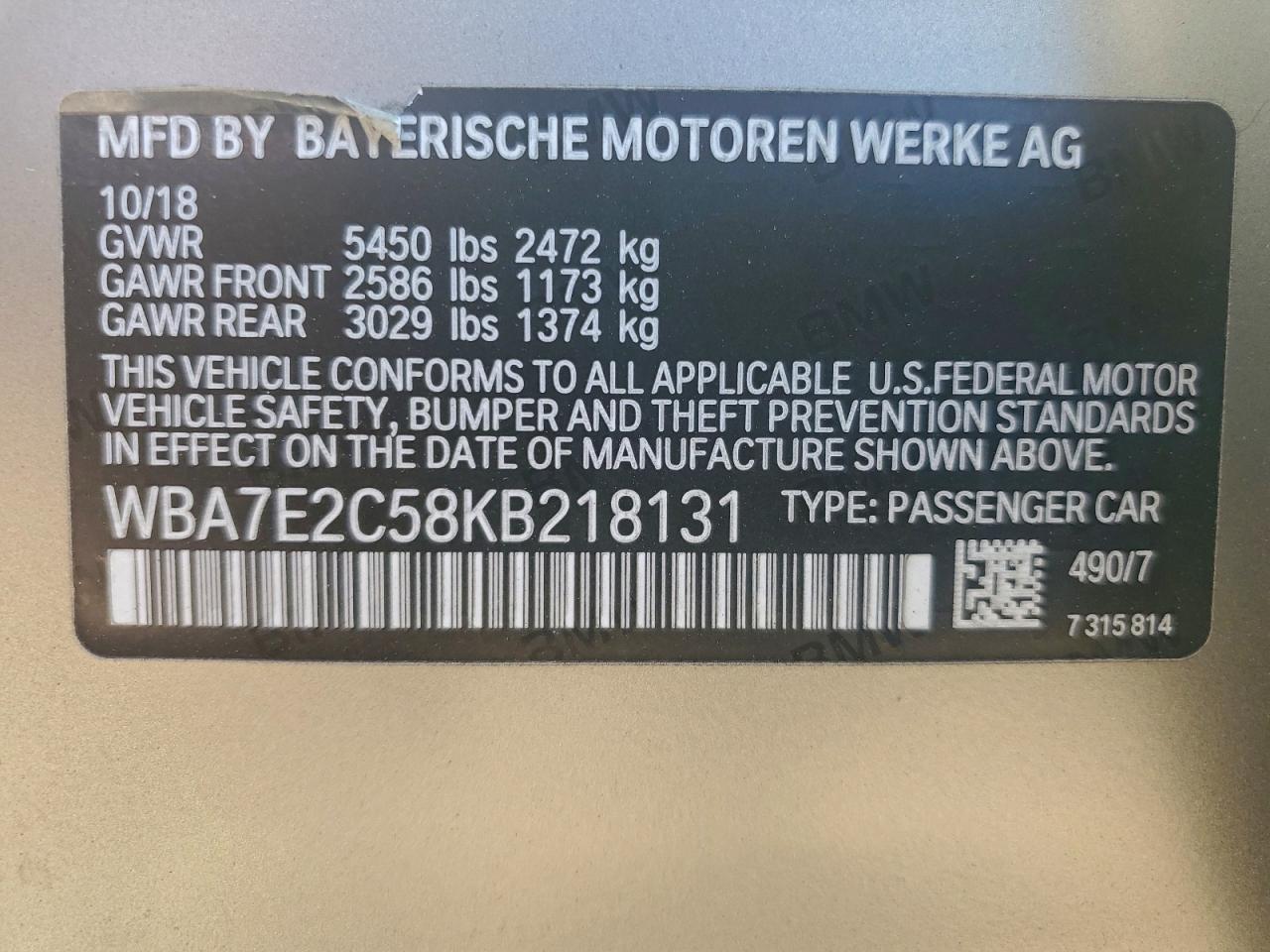 2019 BMW 740 I VIN: WBA7E2C58KB218131 Lot: 94062605