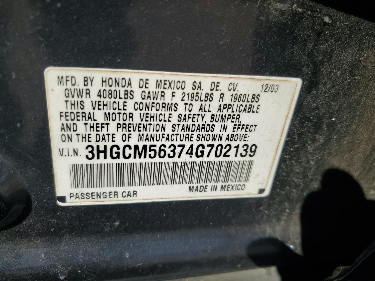 2004 Honda Accord Lx VIN: 3HGCM56374G702139 Lot: 93738185