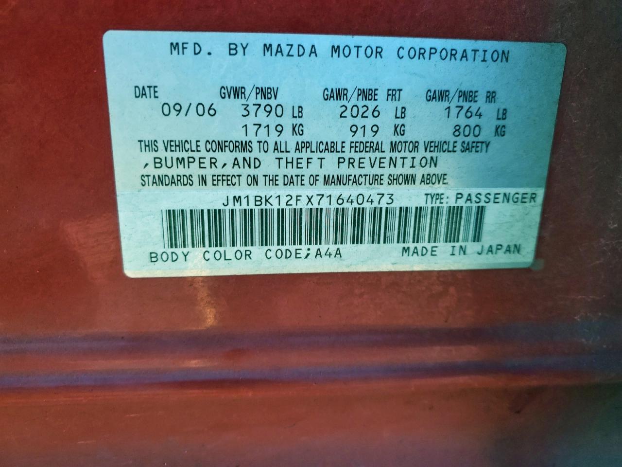 2007 Mazda 3 I VIN: JM1BK12FX71640473 Lot: 94359345