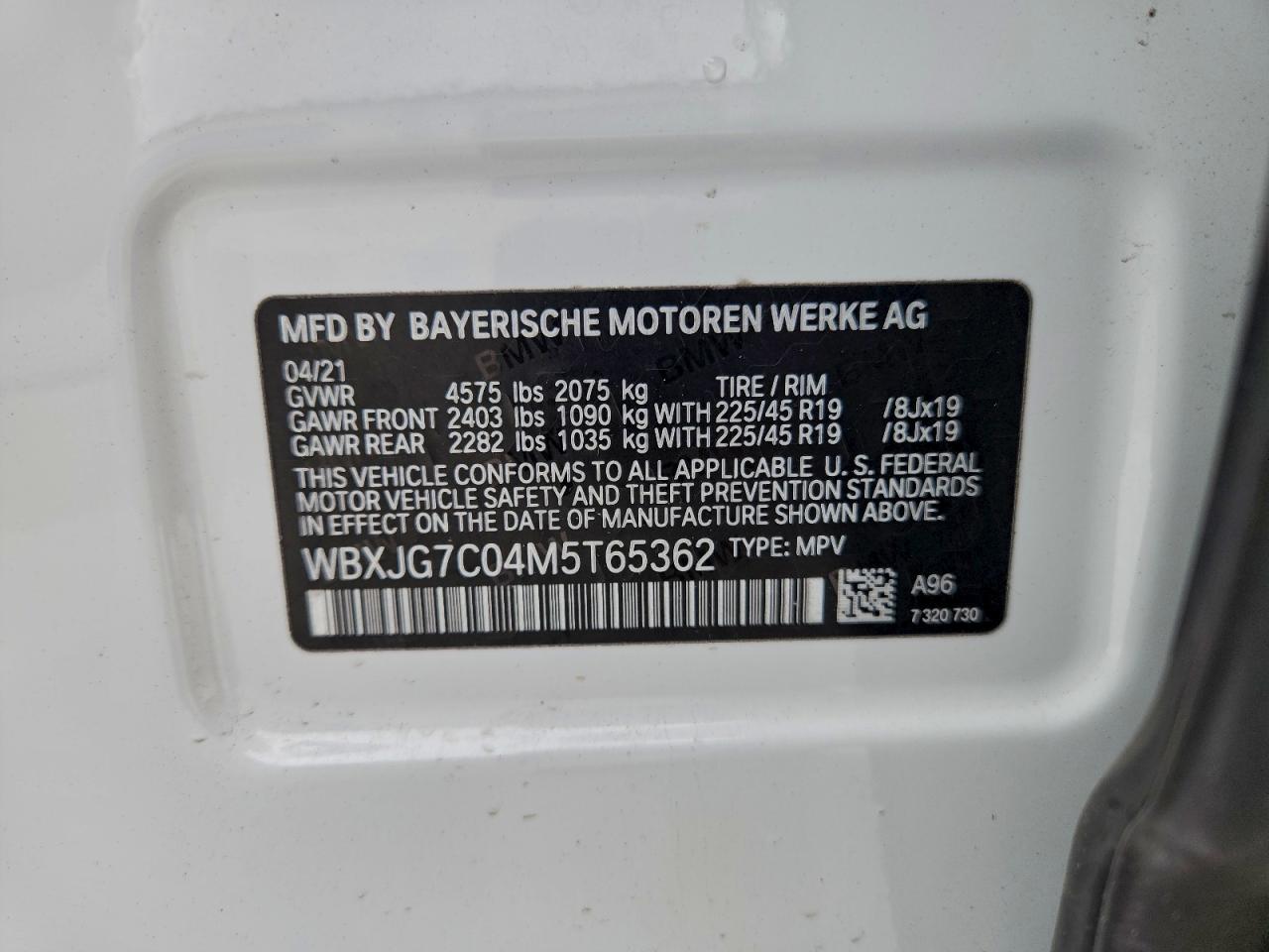 2021 BMW X1 Sdrive28I VIN: WBXJG7C04M5T65362 Lot: 94316535