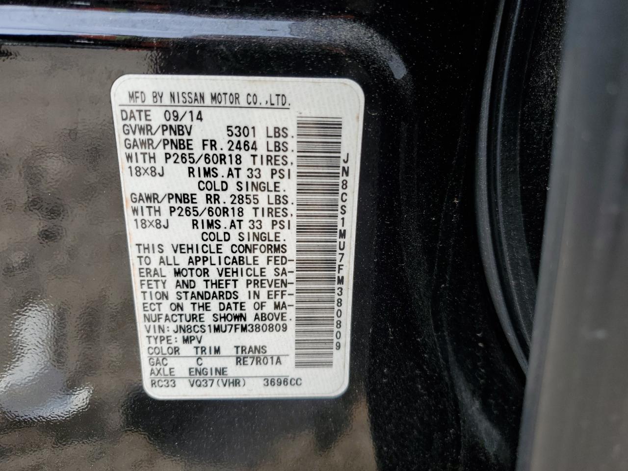 2015 Infiniti Qx70 VIN: JN8CS1MU7FM380809 Lot: 91103475