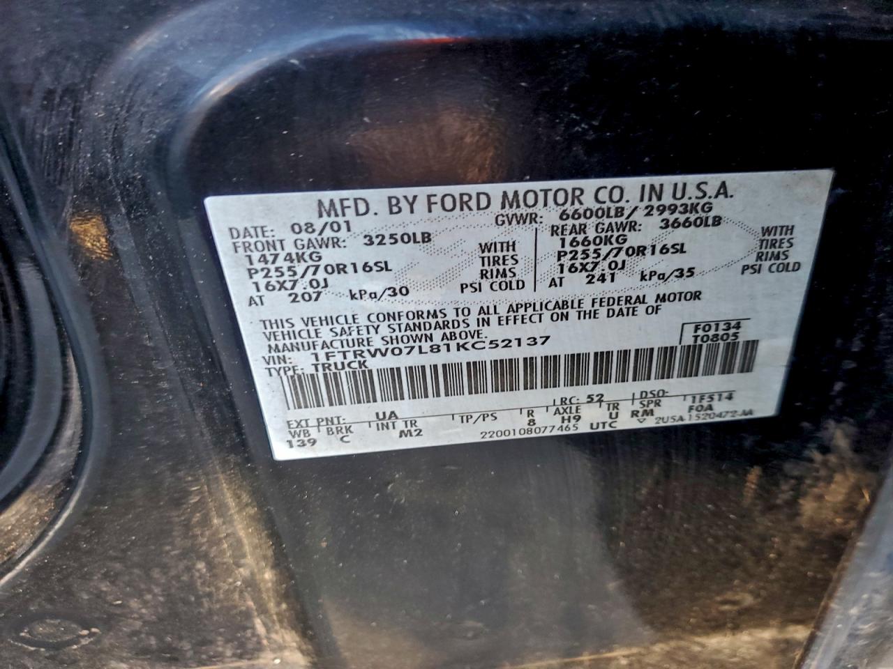 2001 Ford F150 Supercrew VIN: 1FTRW07L81KC52137 Lot: 94070985
