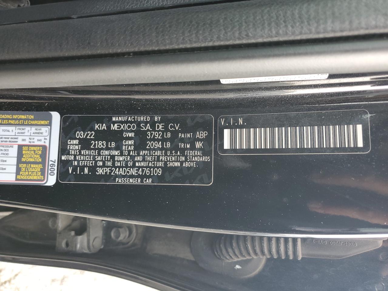 2022 Kia Forte Fe VIN: 3KPF24AD5NE476109 Lot: 91493945