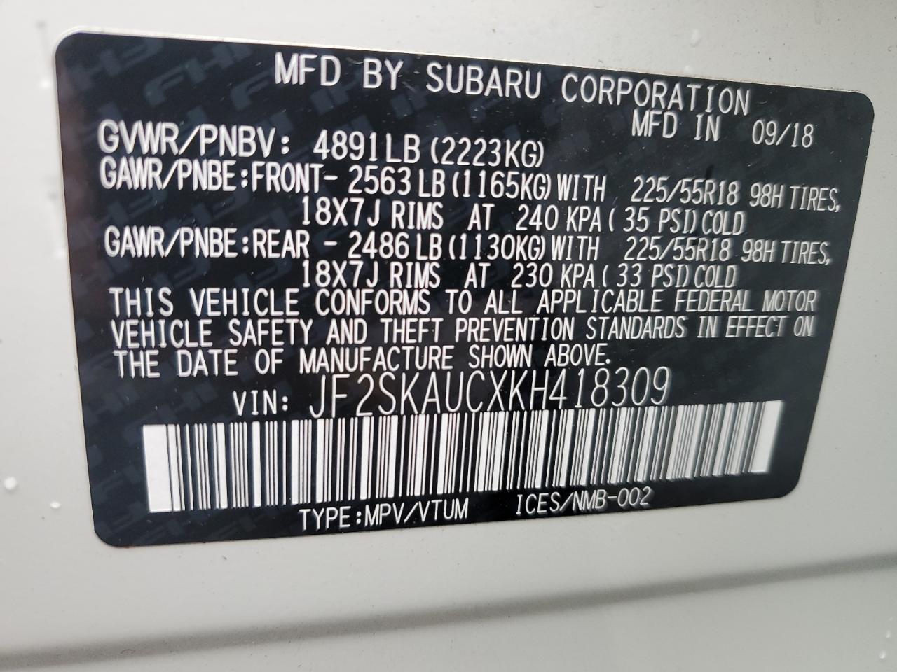 2019 Subaru Forester Limited VIN: JF2SKAUCXKH418309 Lot: 93099945