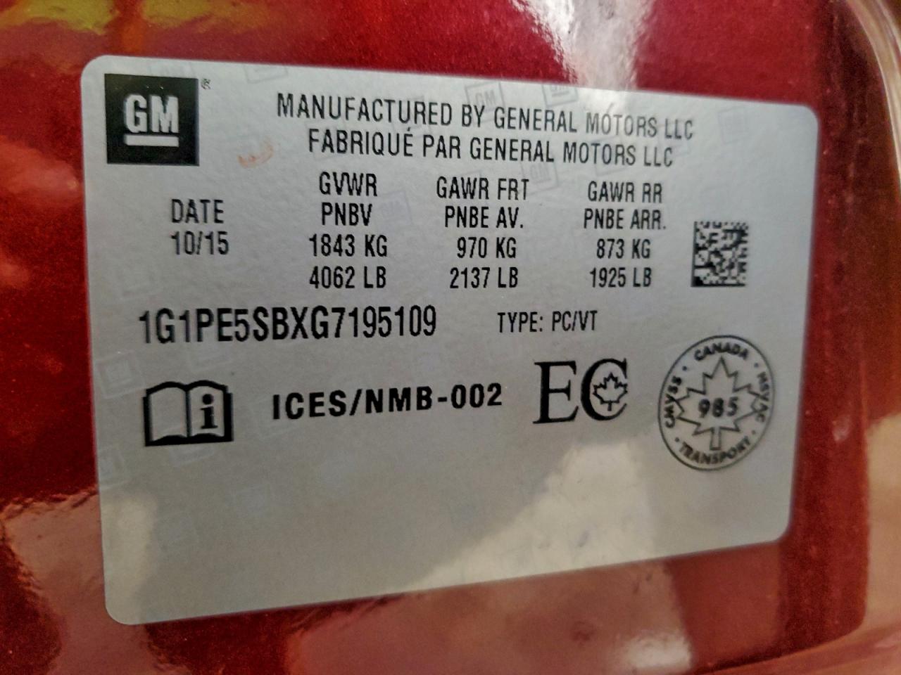 2016 Chevrolet Cruze Limited Lt VIN: 1G1PE5SBXG7195109 Lot: 95056815