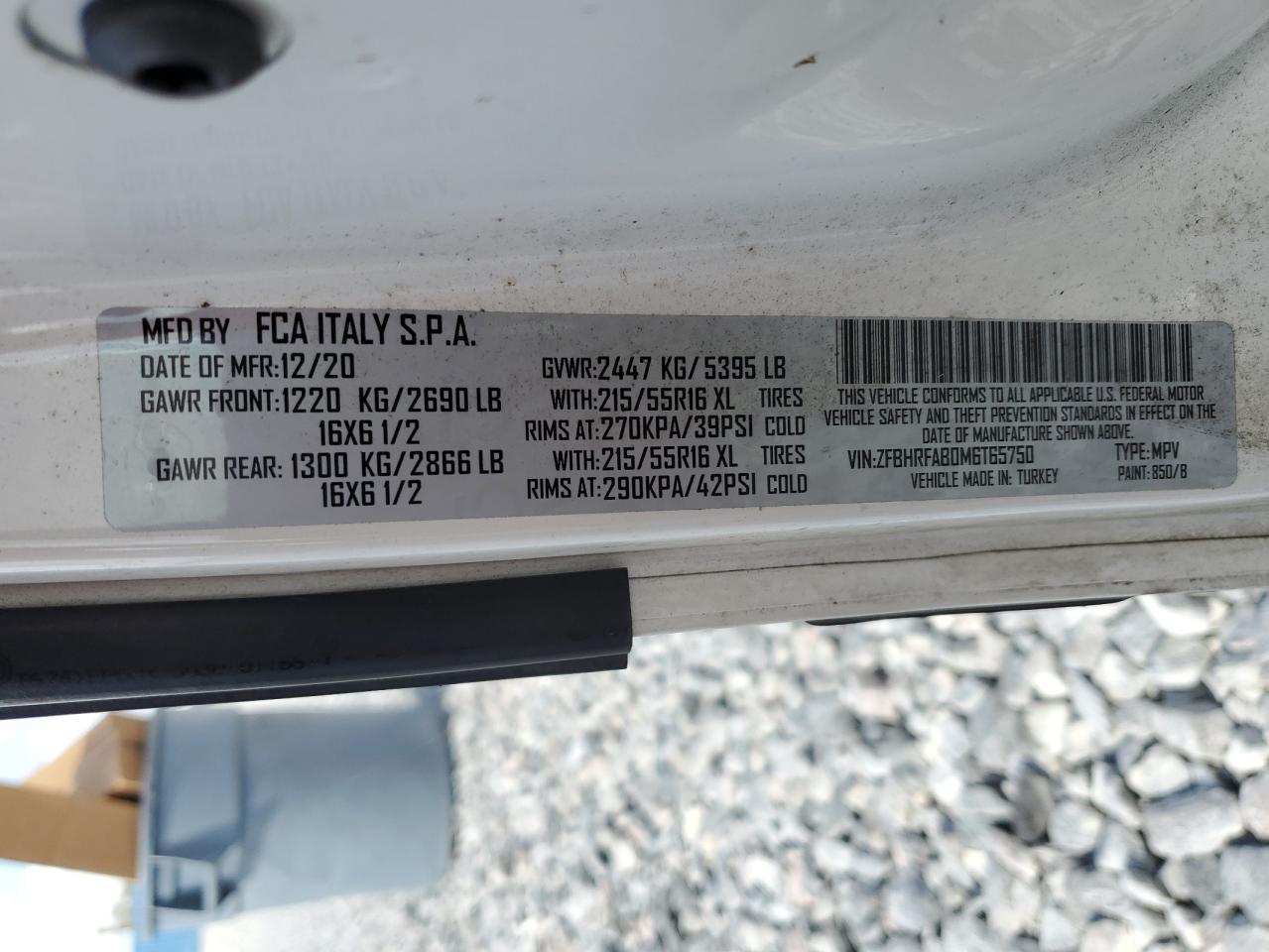 2021 Ram Promaster City Utility / Service Van VIN: ZFBHRFAB0M6T65750 Lot: 91425515