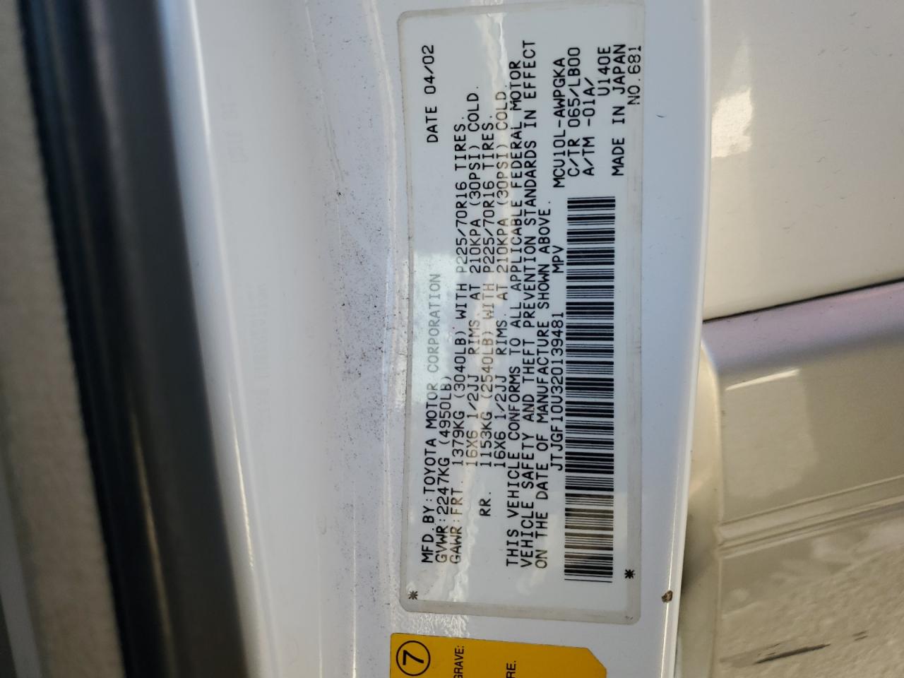 2002 Lexus Rx 300 VIN: JTJGF10U320139481 Lot: 91367355