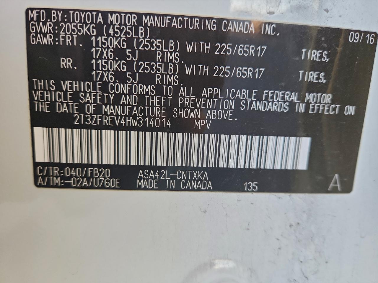 2017 Toyota Rav4 Le VIN: 2T3ZFREV4HW314014 Lot: 94531515