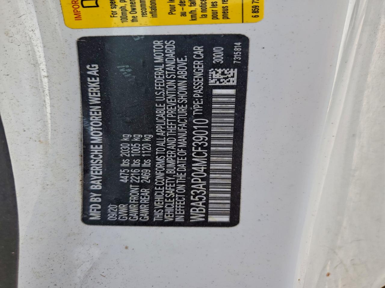 2021 BMW 430I VIN: WBA53AP04MCF39010 Lot: 93781915