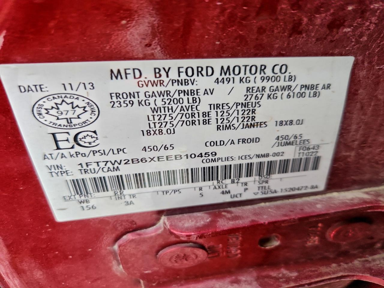 2014 Ford F250 Super Duty VIN: 1FT7W2B6XEEB10459 Lot: 94085645