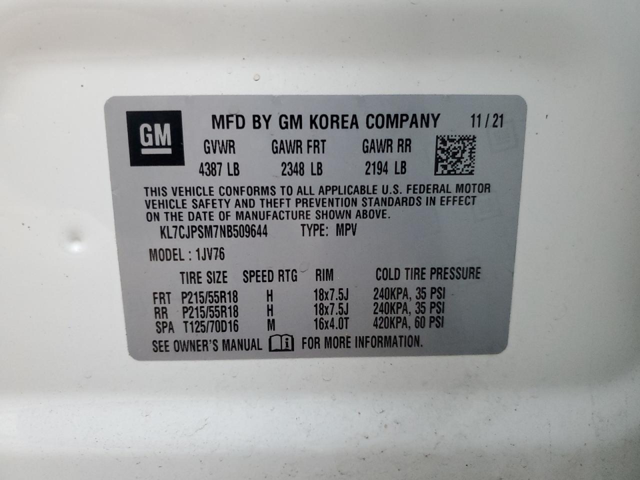 2022 Chevrolet Trax 1Lt VIN: KL7CJPSM7NB509644 Lot: 90820525