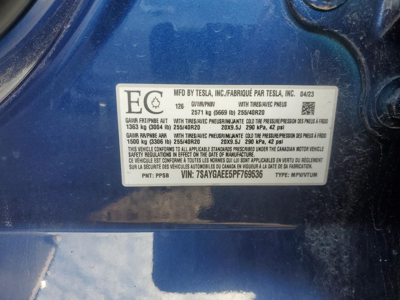 2023 Tesla Model Y VIN: 7SAYGAEE5PF769536 Lot: 93410445