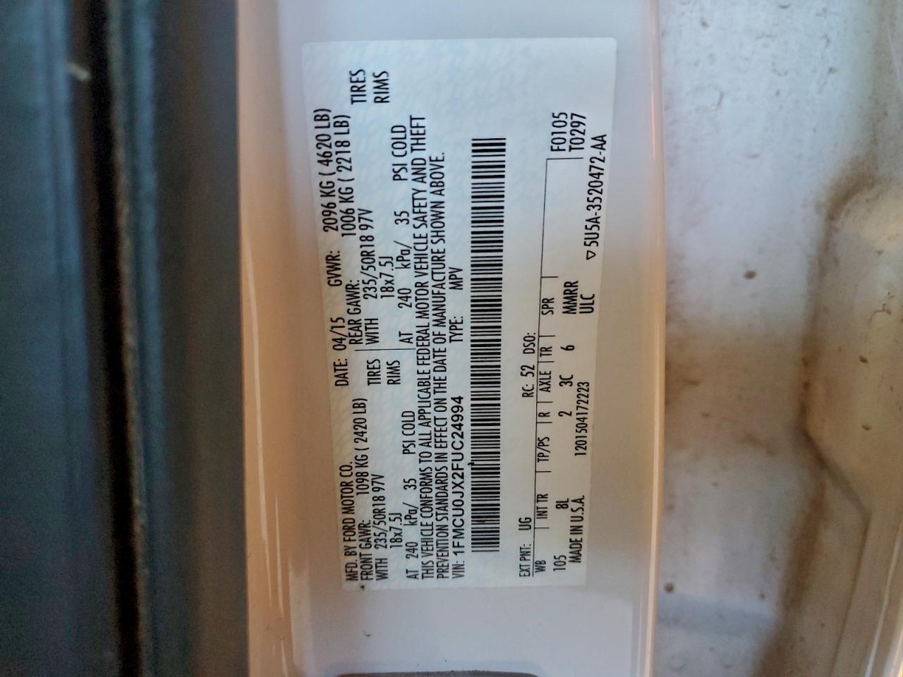 2015 Ford Escape Titanium VIN: 1FMCU0JX2FUC24994 Lot: 94067685