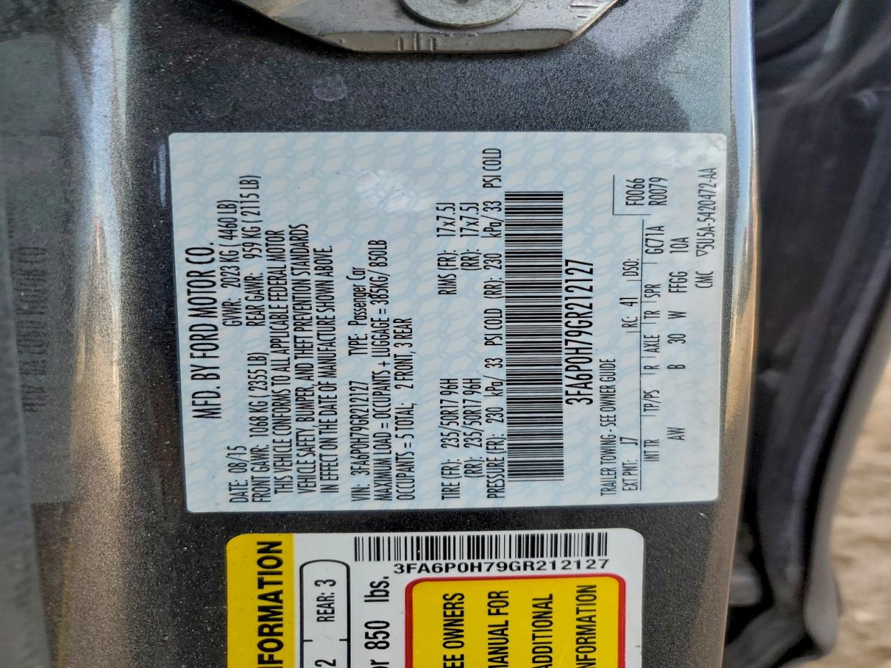 2016 Ford Fusion Se VIN: 3FA6P0H79GR212127 Lot: 94629435