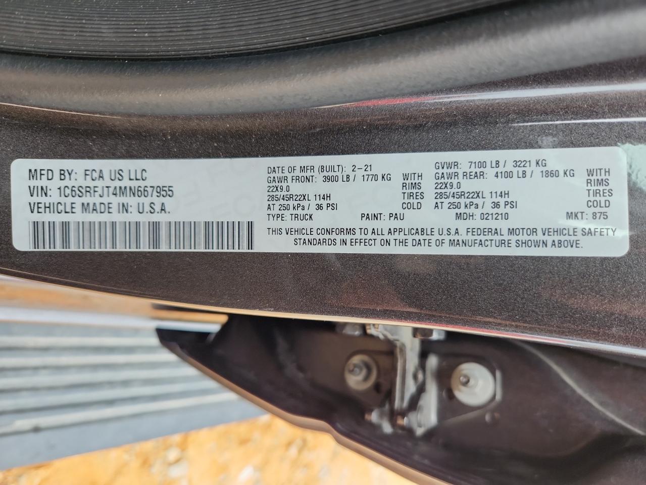 2021 Ram 1500 Laramie VIN: 1C6SRFJT4MN667955 Lot: 93776775