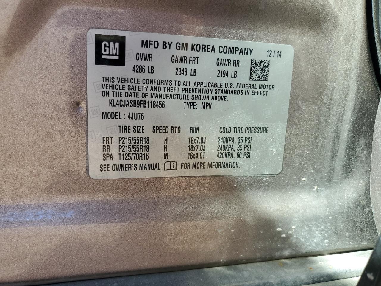 2015 Buick Encore VIN: KL4CJASB9FB118456 Lot: 92035795