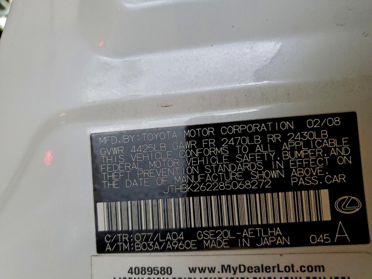 2008 Lexus Is 250 VIN: JTHBK262285068272 Lot: 94126315