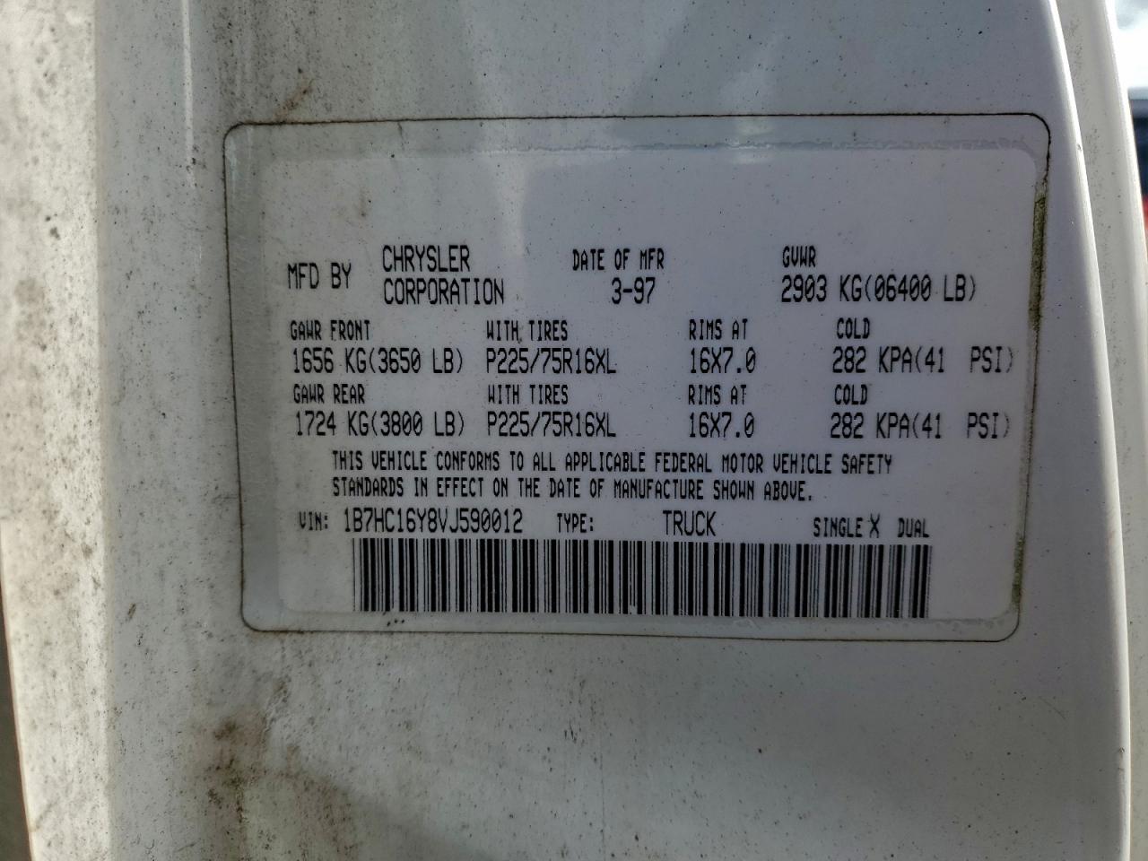 1997 Dodge Ram 1500 VIN: 1B7HC16Y8VJ590012 Lot: 93942675