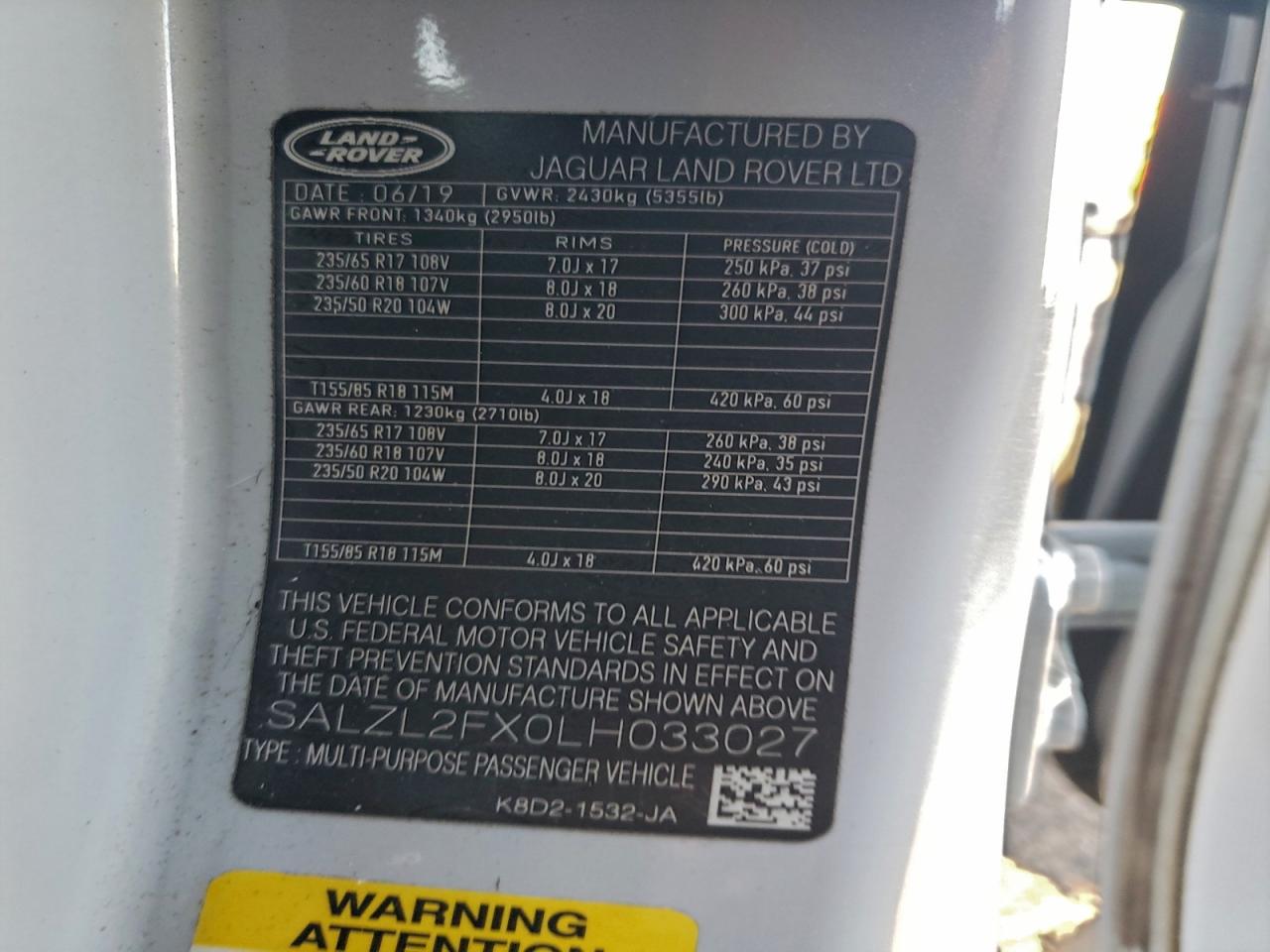 2020 Land Rover Range Rover Evoque First Edition VIN: SALZL2FX0LH033027 Lot: 94724955