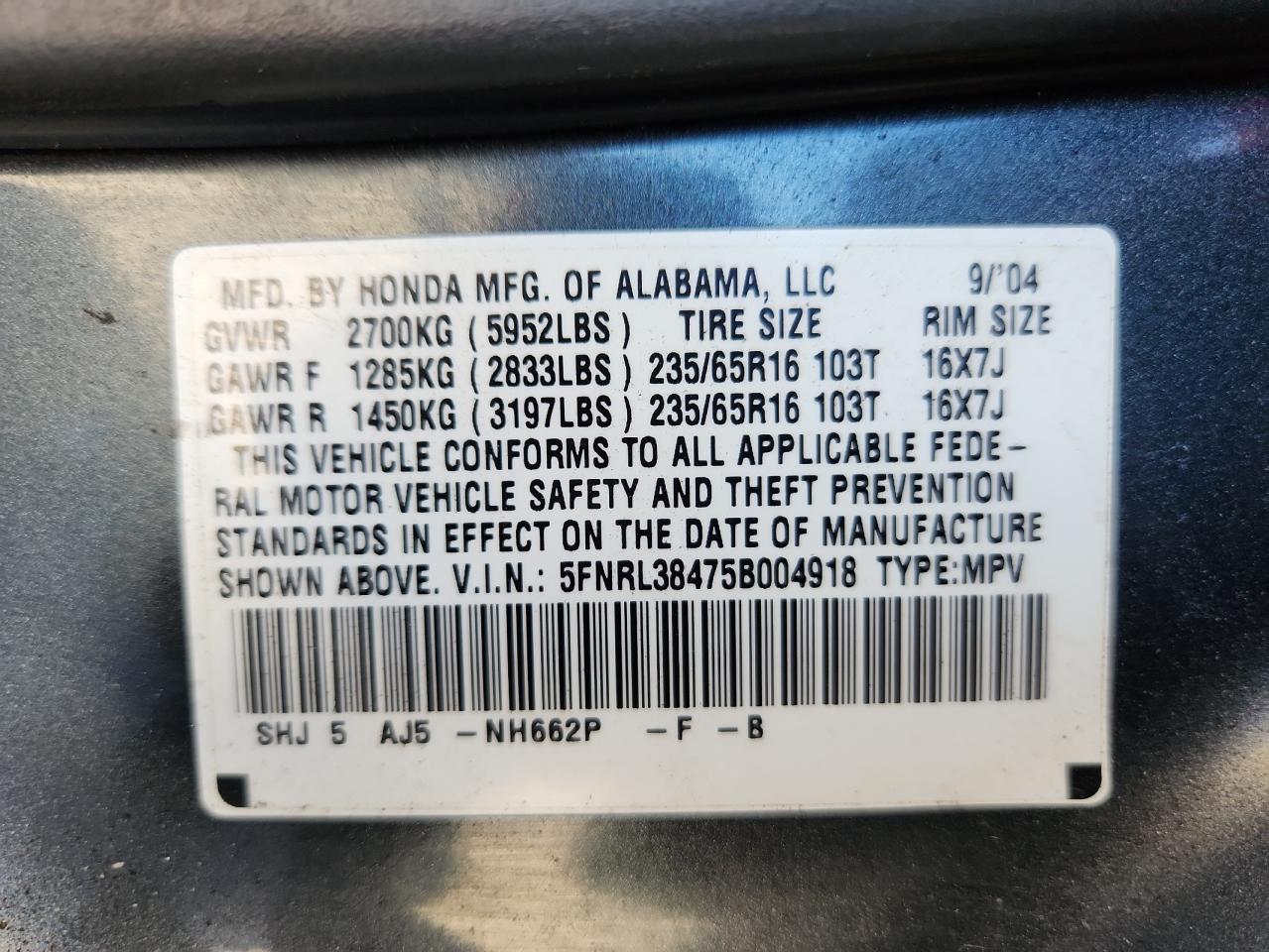 2005 Honda Odyssey Ex VIN: 5FNRL38475B004918 Lot: 93481625