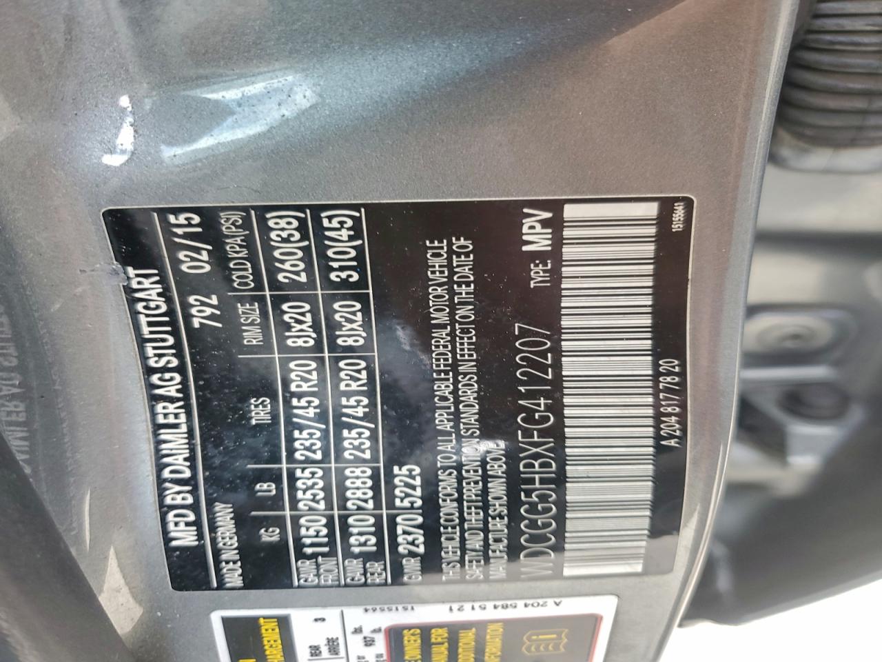 2015 Mercedes-Benz Glk 350 VIN: WDCGG5HBXFG412207 Lot: 94113745