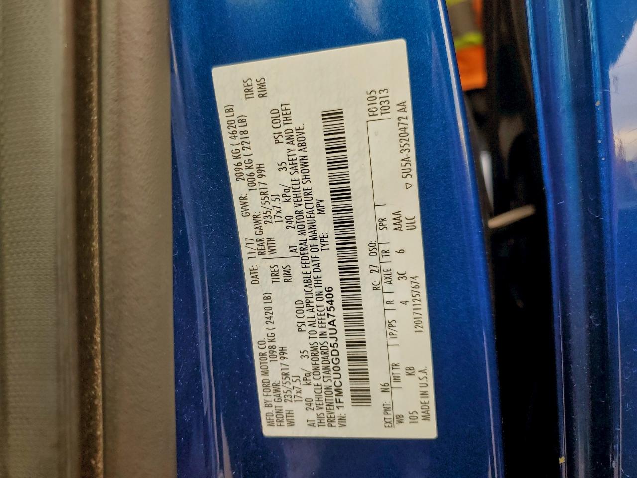 2018 Ford Escape Se VIN: 1FMCU0GD5JUA75406 Lot: 94793085